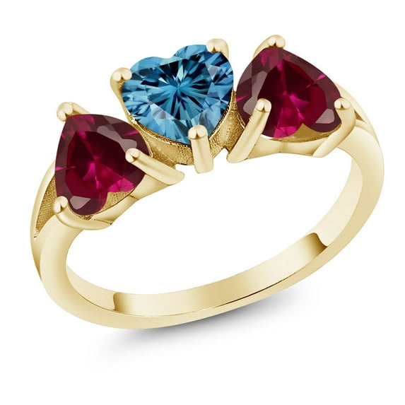 Gem Stone King 18K Yellow Gold Plated Silver 3-Stone Ring Heart Shape Persian Blue Moissanite and Created Ruby Red (2.72 Cttw, Size 9)