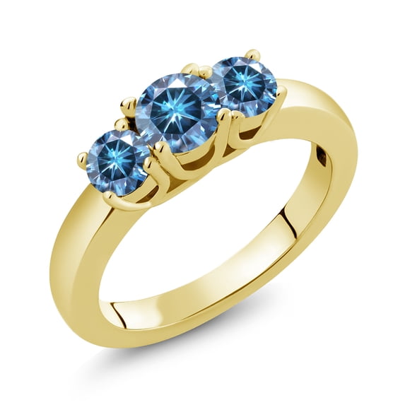 Gem Stone King 18K Yellow Gold Plated Silver 3-Stone Ring Round Persian Blue Moissanite and Vivid Moissanite Persian Blue (0.96 Cttw, Size 9)