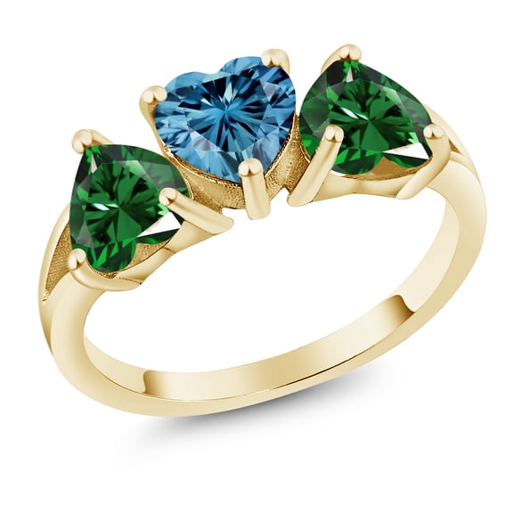 Gem Stone King 18K Yellow Gold Plated Silver 3-Stone Ring Heart Shape Persian Blue Moissanite and Nano Emerald Green (2.20 Cttw, Size 6)