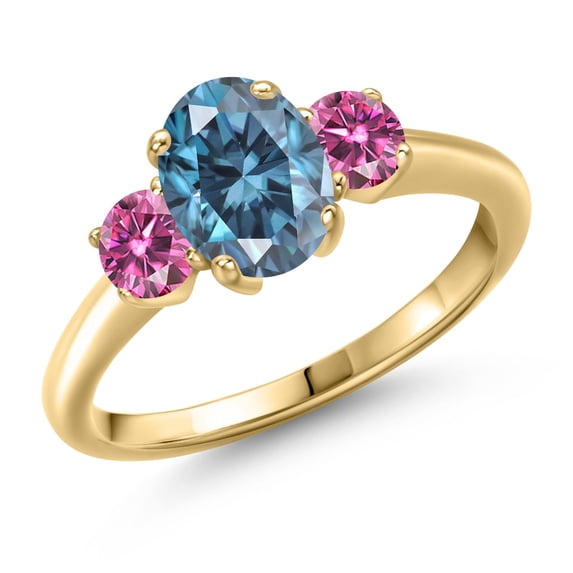 Gem Stone King 18K Yellow Gold Plated Silver Ring Persian Blue Moissanite and Moissanite Pink (1.84 Cttw)