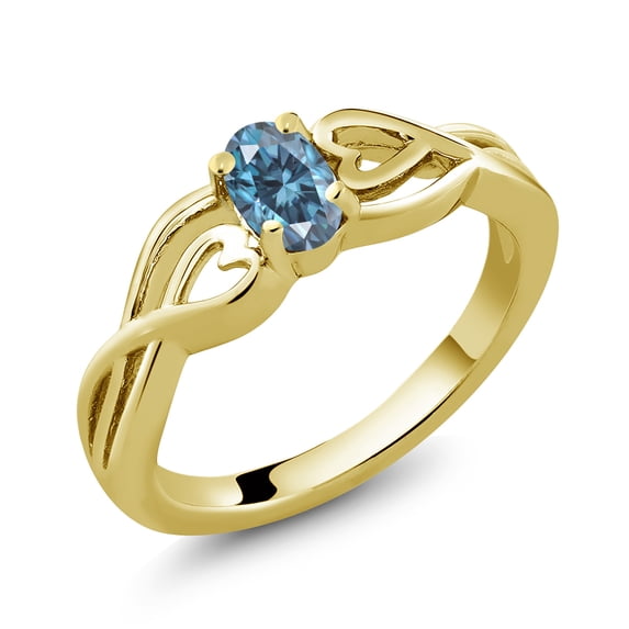 Gem Stone King 18K Yellow Gold Plated Silver Ring Persian Blue Oval Moissanite (0.45 Cttw)