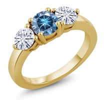Gem Stone King 18K Yellow Gold Plated Silver 3-Stone Ring Round Persian Blue and White Moissanite (1.80 Cttw, Size 8)