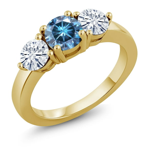 Gem Stone King 18K Yellow Gold Plated Silver 3-Stone Ring Round Persian Blue and White Moissanite (1.80 Cttw, Size 5)