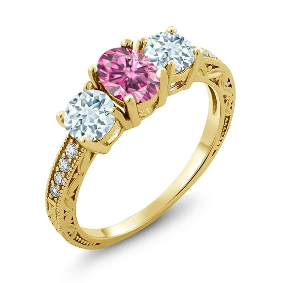 Gem Stone King 18K Yellow Gold Plated Silver 3-Stone Ring Oval Pink Moissanite and Aquamarine Sky Blue (2.02 Cttw, Size 8)