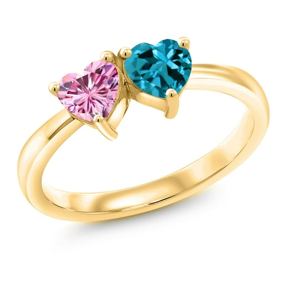 Gem Stone King 18K Yellow Gold Plated Silver Ring Heart Shape Pink Moissanite and Topaz London Blue (1.05 Cttw, Size 5)
