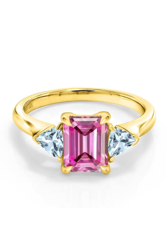 18K Yellow Gold Plated Silver 3-Stone Ring Emerald Cut Pink Moissanite and Aquamarine Sky Blue | 2.09 Cttw | (Size 8)