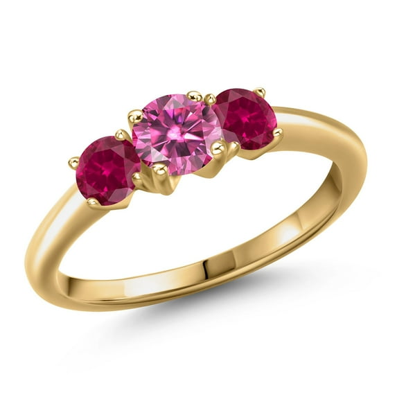 Gem Stone King 18K Yellow Gold Plated Silver Pink Moissanite and Red Created Ruby Engagement Ring for Women | 1.00 Cttw | Round 5MM | Gemstone Birthstone | Size 8