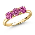 thumbnail image 1 of Gem Stone King 18K Yellow Gold Plated Silver Pink Moissanite and Pink Created Sapphire Engagement Ring for Women | 1.60 Cttw | Round 5MM | Gemstone Birthstone | Size 5, 1 of 6