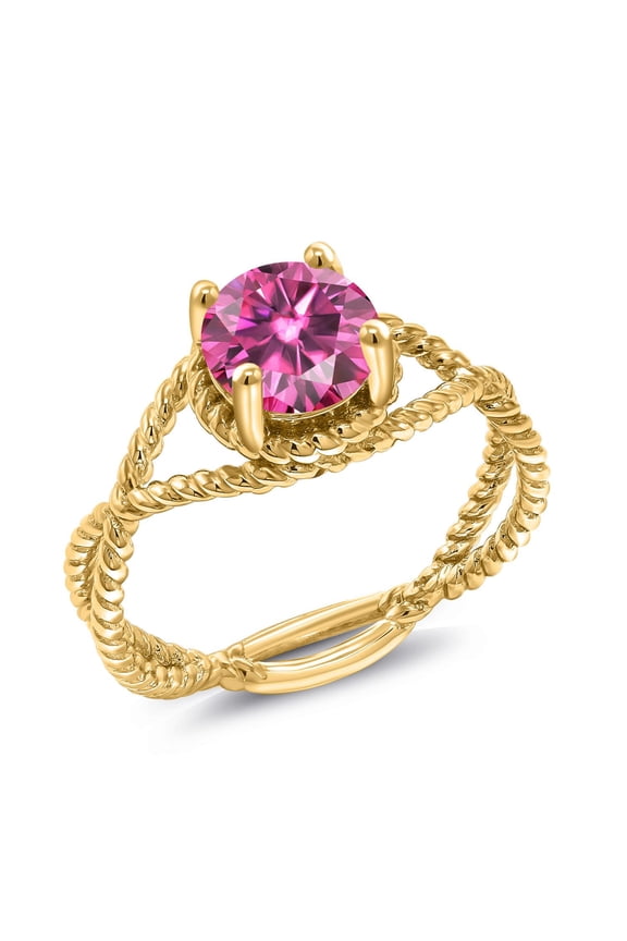 18K Yellow Gold Plated Silver Ring Pink Round Moissanite (1.20 Cttw)