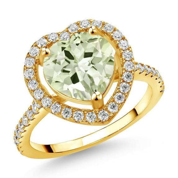 Gem Stone King 18K Yellow Gold Plated Silver Ring Prasiolite Moissanite (3.84 Cttw)