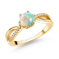 Gem Stone King 18K Yellow Gold Plated Silver Ring Round Cabochon Simulated Opal and Moissanite (0.38 Cttw) (Size 5)