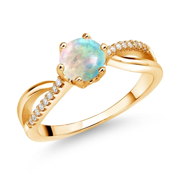 Gem Stone King 18K Yellow Gold Plated Silver Ring Round Cabochon Simulated Opal and Moissanite (0.38 Cttw) (Size 9)