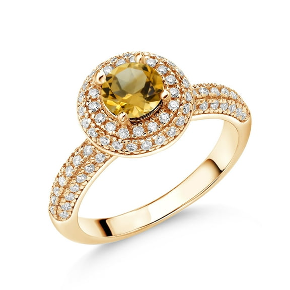 Gem Stone King 18K Yellow Gold Plated Silver Ring Round Yellow Citrine and Moissanite (1.32 Cttw, Size 5)