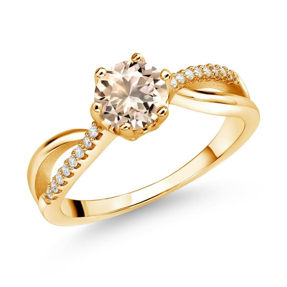 Gem Stone King 18K Yellow Gold Plated Silver Ring Round Morganite and Moissanite (0.68 Cttw) (Size 7)
