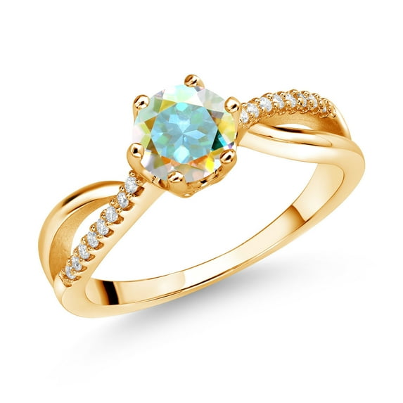 Gem Stone King 18K Yellow Gold Plated Silver Ring Round Mystic Topaz and Moissanite (1.08 Cttw) (Size 9)