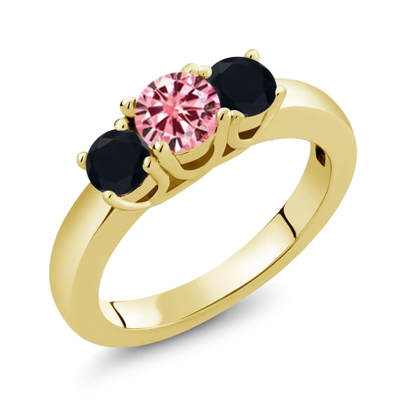 Gem Stone King 18K Yellow Gold Plated Silver 3-Stone Ring Round Pink Moissanite and Onyx Black (0.94 Cttw, Size 7)