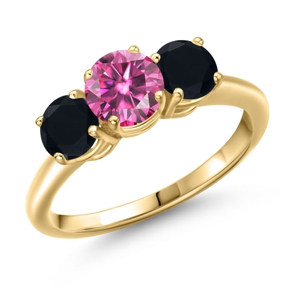 Gem Stone King 18K Yellow Gold Plated Silver Pink Moissanite and Black Onyx Engagement Ring for Women | 1.75 Cttw | Round 6MM | Gemstone Birthstone | Size 9