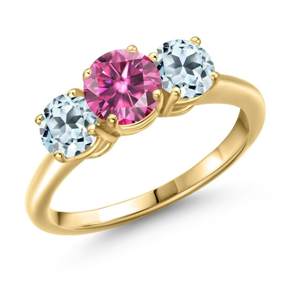 Gem Stone King 18K Yellow Gold Plated Silver Pink Moissanite and Sky Blue Topaz Engagement Ring for Women | 2.20 Cttw | Round 6MM | Gemstone Birthstone | Size 5