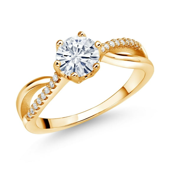 Gem Stone King 18K Yellow Gold Plated Silver Ring Round Set with Moissanite (0.88 Cttw) (Size 9)