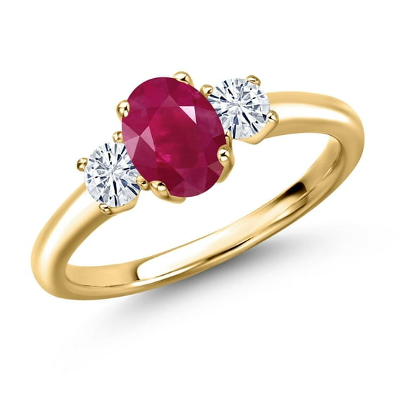 Gem Stone King 18K Yellow Gold Plated Silver Red Ruby and White Moissanite Engagement Ring for Women | 1.32 Cttw | Oval 7X5MM | Gemstone July Birthstone | Size 9