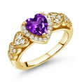 thumbnail image 1 of Gem Stone King 18K Yellow Gold Plated Silver Purple Amethyst and White Moissanite Halo Ring for Women | 0.98 Cttw | Heart Shape 6MM | Gemstone February Birthstone | Size 8, 1 of 6