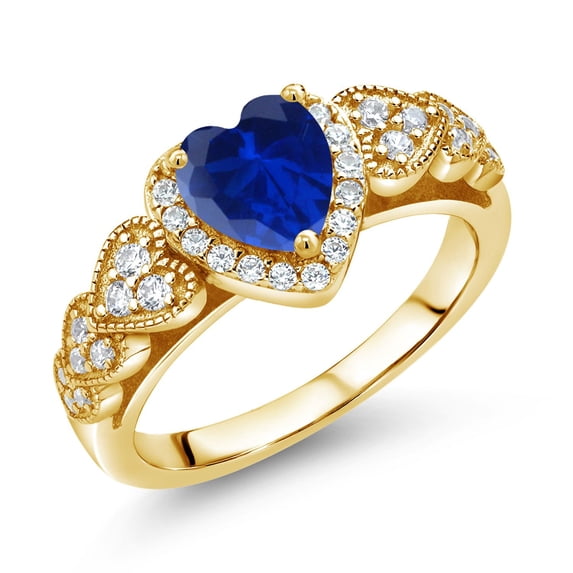 Gem Stone King 18K Yellow Gold Plated Silver Blue Created Sapphire and White Moissanite Halo Ring for Women | 0.98 Cttw | Heart Shape 6MM | Gemstone September Birthstone | Size 5