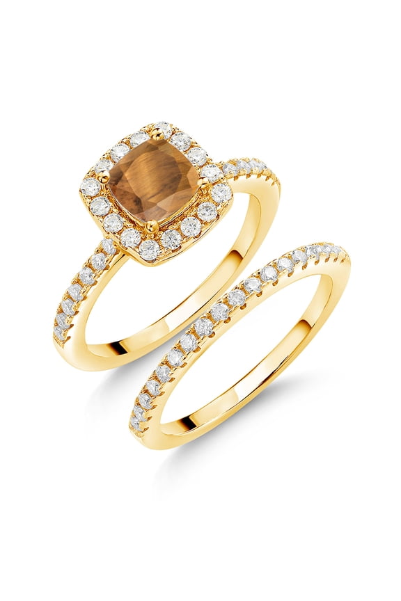 18K Yellow Gold Plated Silver Ring Tiger Eye Moissanite (1.52 Cttw)