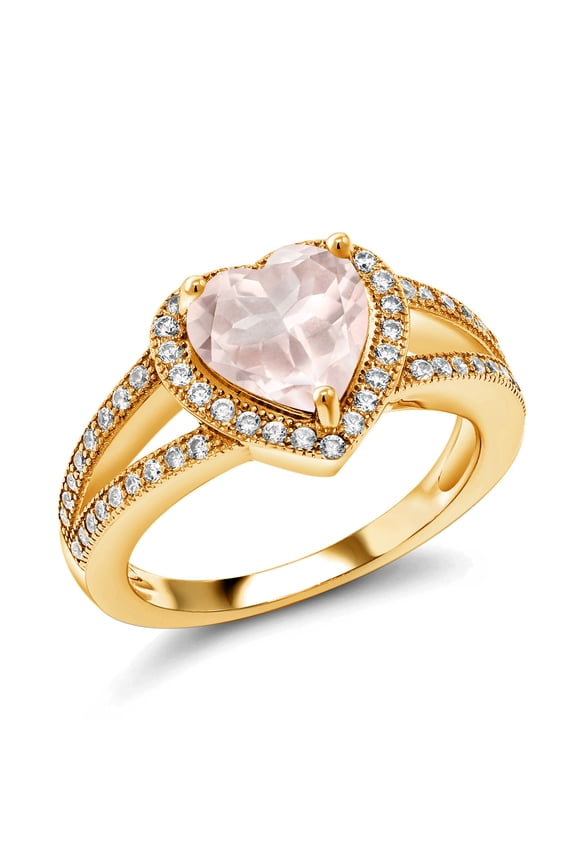 18K Yellow Gold Plated Silver Rose Rose Quartz and White Moissanite Ring for Women (2.47 Cttw, Gemstone Birthstone, Heart Shape 8MM, Available in Size 5,6,7,8,9)