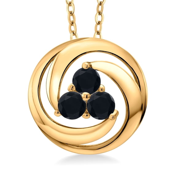 Gem Stone King 18K Yellow Gold Plated Silver Round Black Onyx 3 Stone Circle Pendant Necklace for Women (0.66 Cttw, Gemstone December Birthstone, With 18 inch Chain)