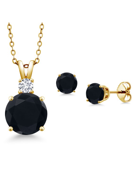 18K Yellow Gold Plated Silver Round Black Onyx and G-H Lab Grown Diamond Pendant and Earrings Jewelry Set for Women (4.12 Cttw, Gemstone Birthstone, with 18 inch Chain)