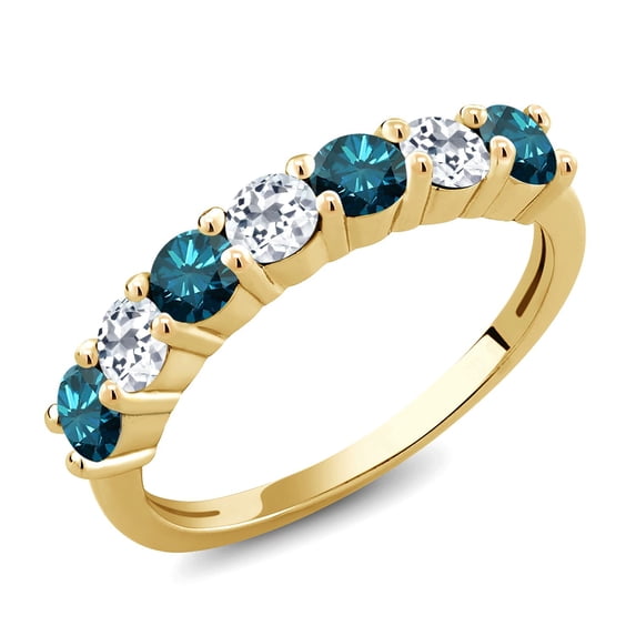 Gem Stone King 18K Yellow Gold Plated Silver Round Blue Diamond White Topaz Anniversary Ring for Women (1.25 Cttw, Gemstone Birthstone, Size 8)