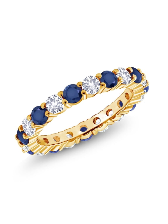 18K Yellow Gold Plated Silver Round Blue Sapphire Eternity Band Ring for Women | 1.70 Cttw | Wedding Engagement Anniversary Promise Ring for Women | Size 5, 6, 7, 8, 9| Size 6