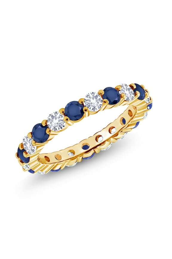18K Yellow Gold Plated Silver Round Blue Sapphire Eternity Band Ring for Women (1.70 Cttw, Size 5)