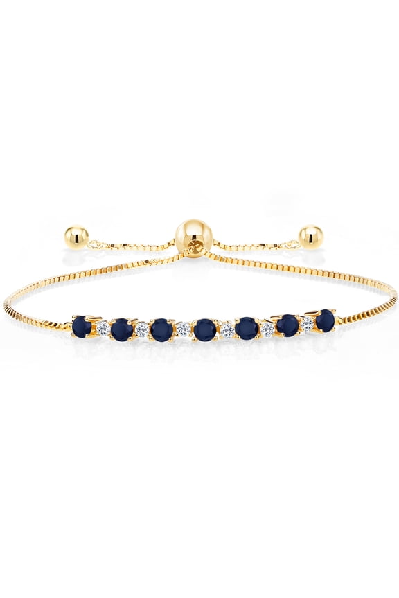 18K Yellow Gold Plated Silver Round Blue Sapphire and White Topaz Tennis Bracelet for Women | 1.34 Cttw | Gemstone Birthstone | Adjustable Bolo Bracelet for Women | Easy-On Easy-Off