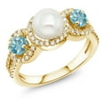 thumbnail image 1 of Gem Stone King 18K Yellow Gold Plated Silver Round Blue Zircon and Cultured Freshwater Pearl Ring for Women (1.80 Cttw, Available in Size 5, 6, 7, 8, 9), 1 of 3