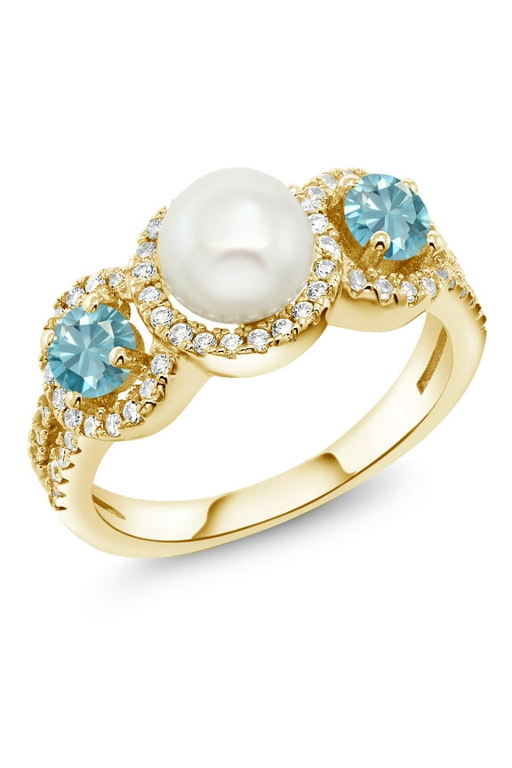 18K Yellow Gold Plated Silver Round Blue Zircon and Cultured Freshwater Pearl Ring for Women (1.80 Cttw, Available in Size 5, 6, 7, 8, 9)