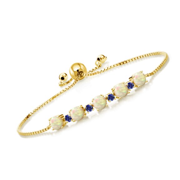 Gem Stone King 18K Yellow Gold Plated Silver Round Cabochon White Ethiopian Opal and Blue Created Sapphire Tennis Bracelet for Women (1.70 Cttw, Fully Adjustable up to 9 inch)