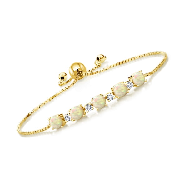 Gem Stone King 18K Yellow Gold Plated Silver Round Cabochon White Ethiopian Opal and White Lab Grown Diamond Tennis Bracelet for Women (1.76 Cttw, Fully Adjustable up to 9 inch)