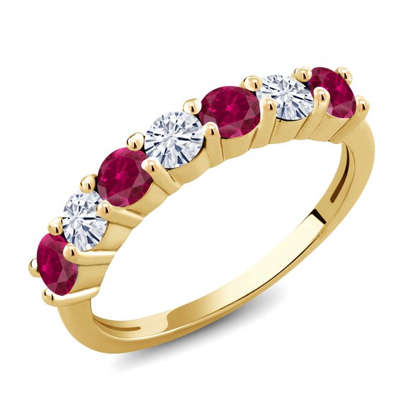 Gem Stone King 18K Yellow Gold Plated Silver Round Created Ruby Moissanite Anniversary Ring for Women (1.48 Cttw, Gemstone Birthstone, Size 6)