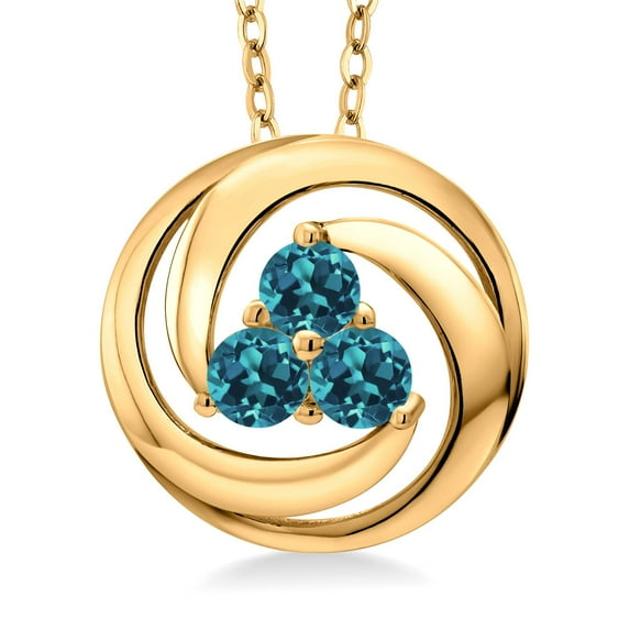 Gem Stone King 18K Yellow Gold Plated Silver Round London Blue Topaz 3 Stone Circle Pendant Necklace for Women (0.99 Cttw, Gemstone November Birthstone, With 18 inch Chain)