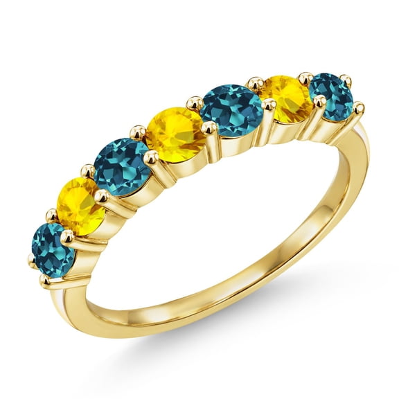 Gem Stone King 18K Yellow Gold Plated Silver Round London Blue Topaz Yellow Sapphire Anniversary Ring for Women (1.36 Cttw, Gemstone Birthstone, Size 5) (Size 5)