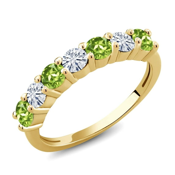Gem Stone King 18K Yellow Gold Plated Silver Round Peridot Moissanite Anniversary Ring for Women (1.31 Cttw, Gemstone Birthstone, Size 6)