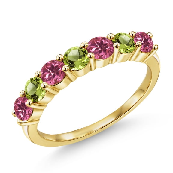 Gem Stone King 18K Yellow Gold Plated Silver Round Pink Tourmaline Green Peridot Anniversary Ring for Women (1.22 Cttw, Gemstone Birthstone, Size 8) (Size 8)