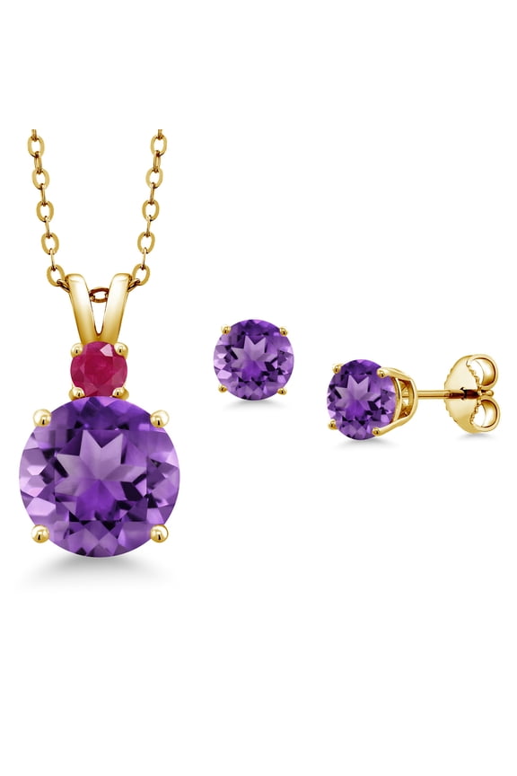 18K Yellow Gold Plated Silver Round Purple Amethyst and Red Ruby Pendant and Earrings Jewelry Set for Women (4.55 Cttw, Gemstone Birthstone, with 18 inch Chain)