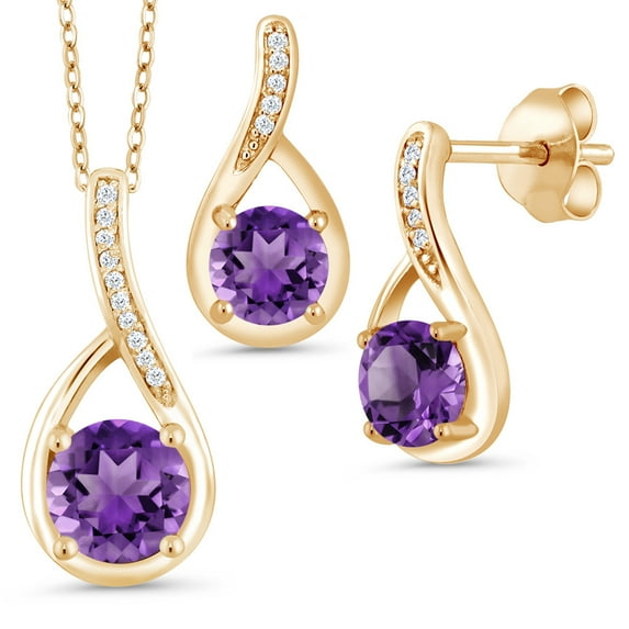 Gem Stone King 18K Yellow Gold Plated Silver Round Purple Amethyst and White Diamond Pendant and Earrings Jewelry Set for Women (1.74 Cttw, Gemstone Birthstone, with 18 inch Chain)