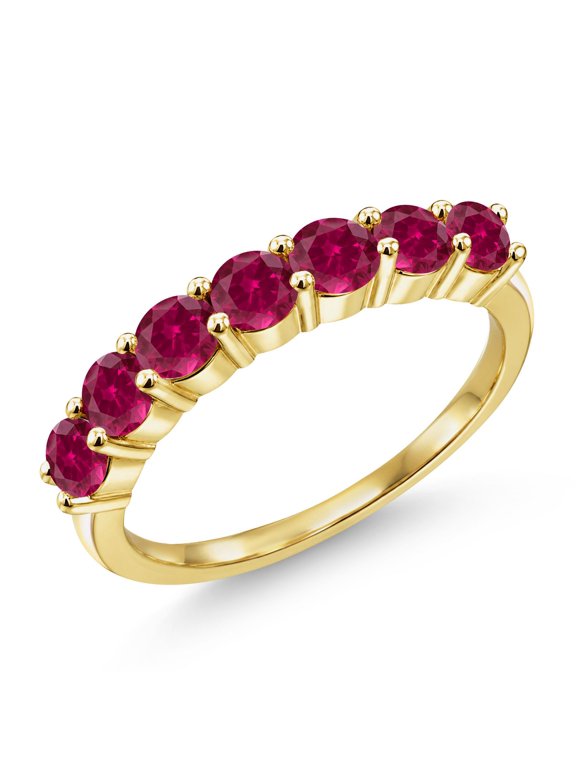 18K Yellow Gold Plated Silver Round Red Created Ruby Anniversary Ring for Women (1.75 Cttw, Gemstone Birthstone, Size 7)