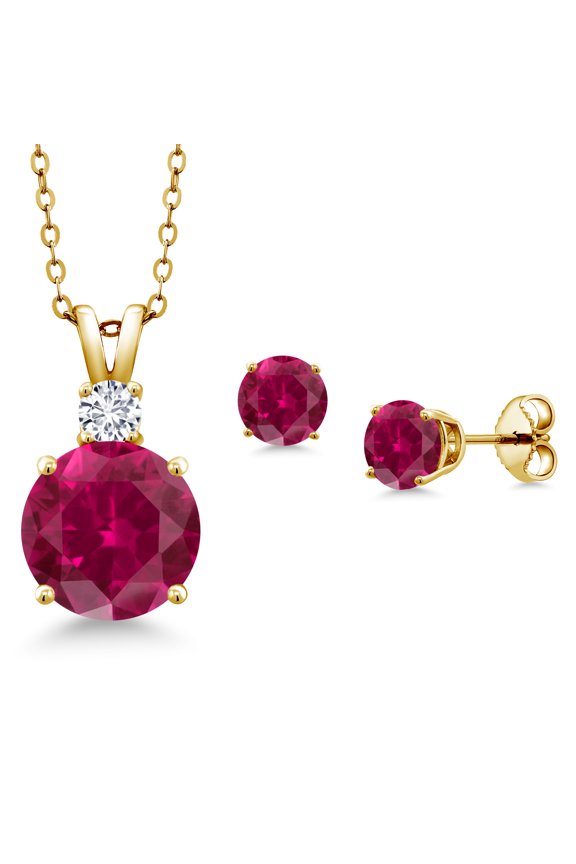 18K Yellow Gold Plated Silver Round Red Created Ruby and G-H Lab Grown Diamond Pendant and Earrings Jewelry Set for Women (5.37 Cttw, Gemstone Birthstone, with 18 inch Chain)