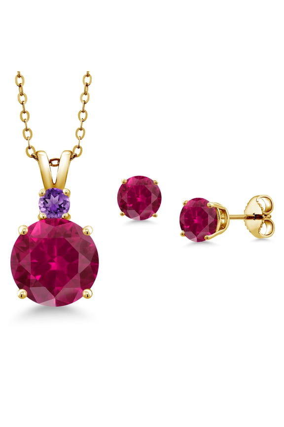 18K Yellow Gold Plated Silver Round Red Created Ruby and Purple Amethyst Pendant and Earrings Jewelry Set for Women (5.36 Cttw, Gemstone Birthstone, with 18 inch Chain)