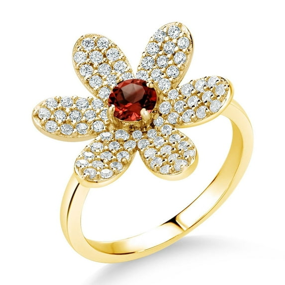Gem Stone King 18K Yellow Gold Plated Silver Round Red Garnet Keren Hanan ART Ring for Women (1.35 Cttw, Gemstone Birthstone, Available in Size 5, 6, 7, 8, 9)