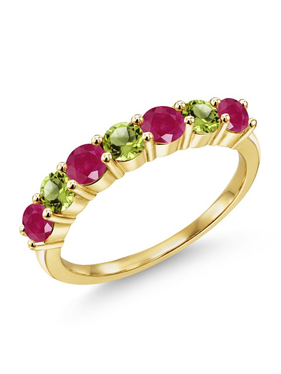 18K Yellow Gold Plated Silver Round Red Ruby Green Peridot Anniversary Ring for Women (1.62 Cttw, Gemstone Birthstone, Size 6) (Size 6)